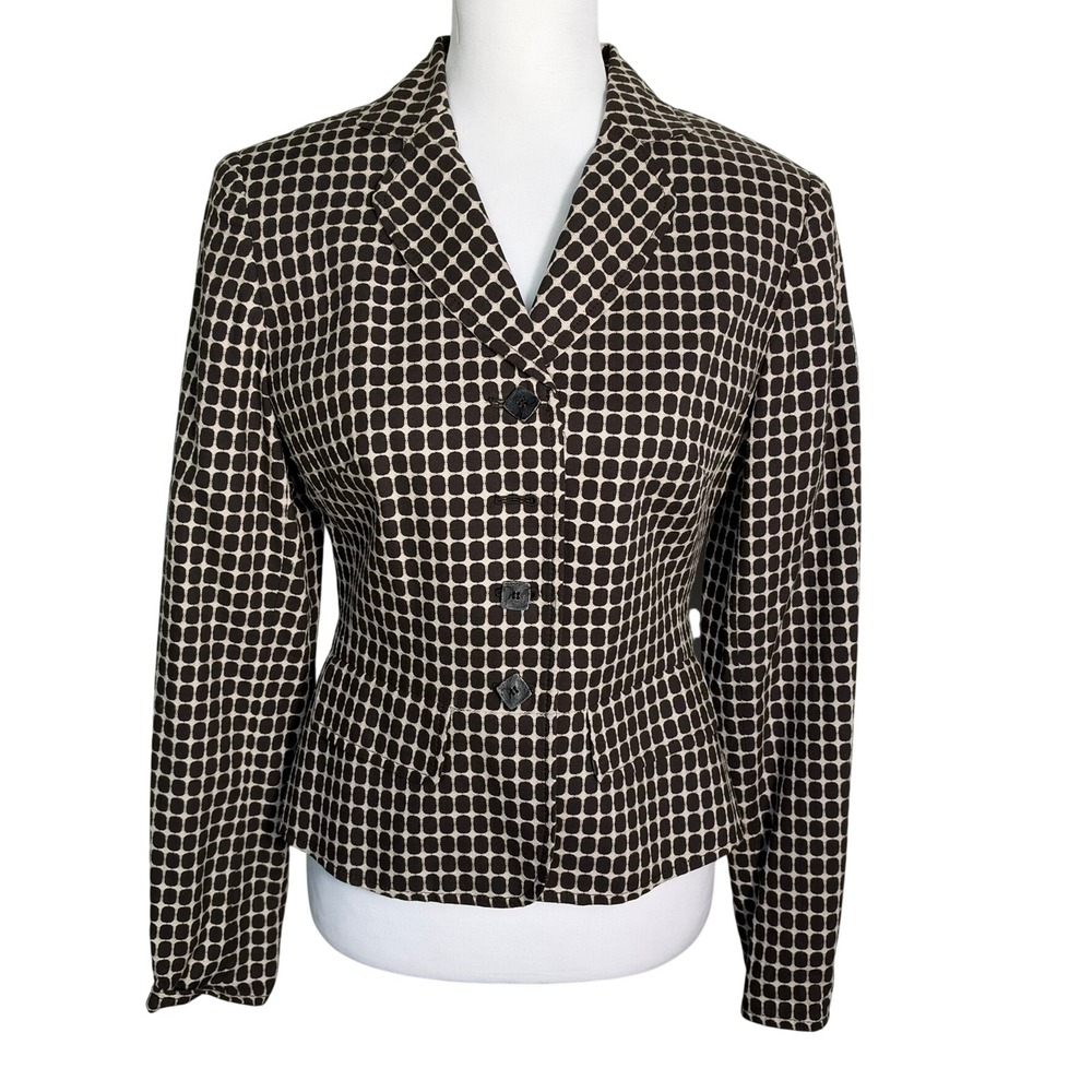 JONES NEW YORK Women's 4 Brown Cream Geometric Grid Cotton Blazer Suit Jacket